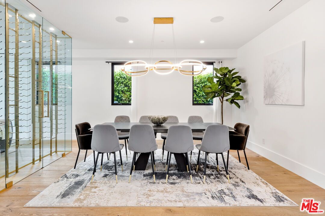 Dining room, Interior, Pendant Lights, Recessed Lighting, Wood Texture Flooring