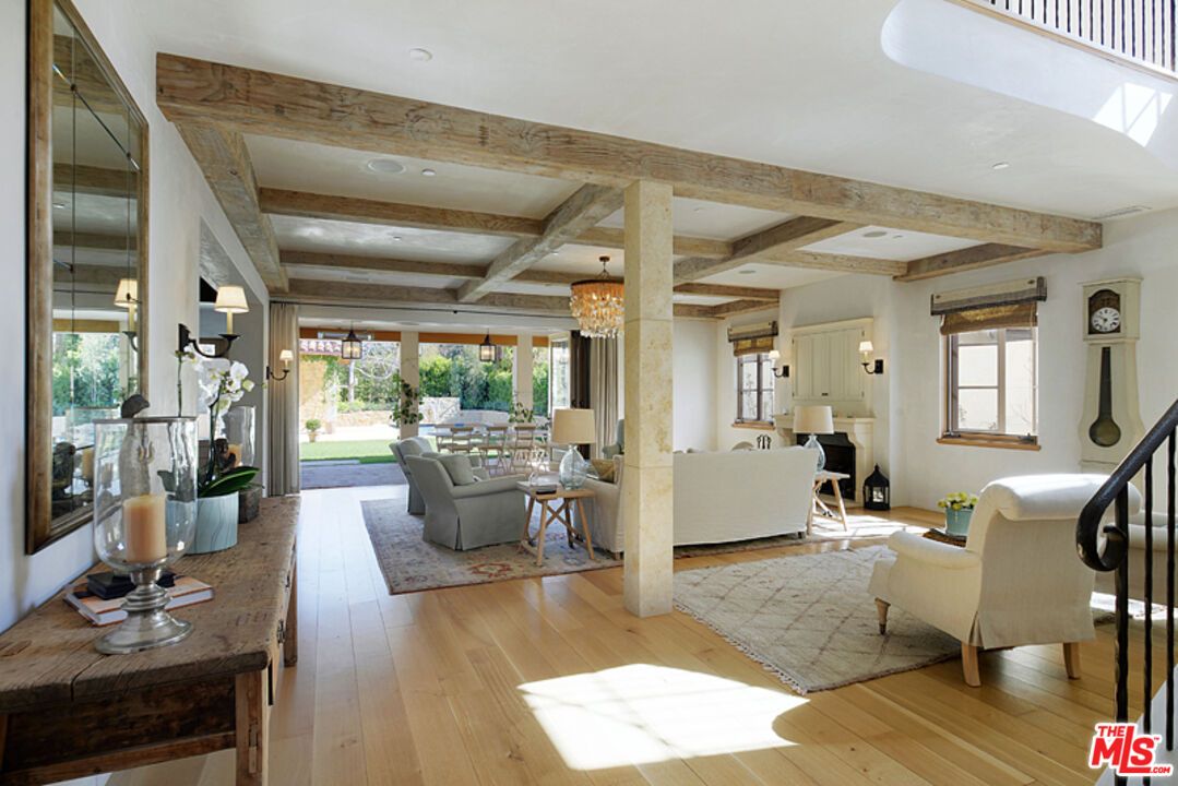 Chandelier, Fireplace, Interior, Living room, Recessed Lighting, Wooden Beams, Wood Texture Flooring