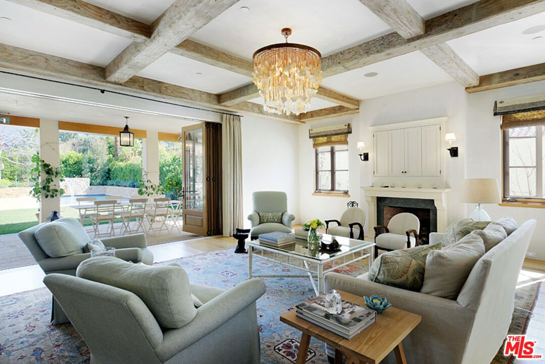 Chandelier, Fireplace, Interior, Living room, Recessed Lighting, Wooden Beams, Wood Texture Flooring