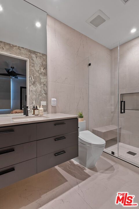 Bathroom, Glass Shower, Interior, Marble Walls, Recessed Lighting