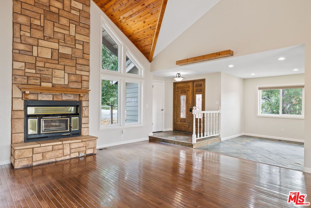 Fireplace, Interior, Recessed Lighting, Stone Walls, Wooden Beams, Wooden Ceilings, Wood Texture Flooring