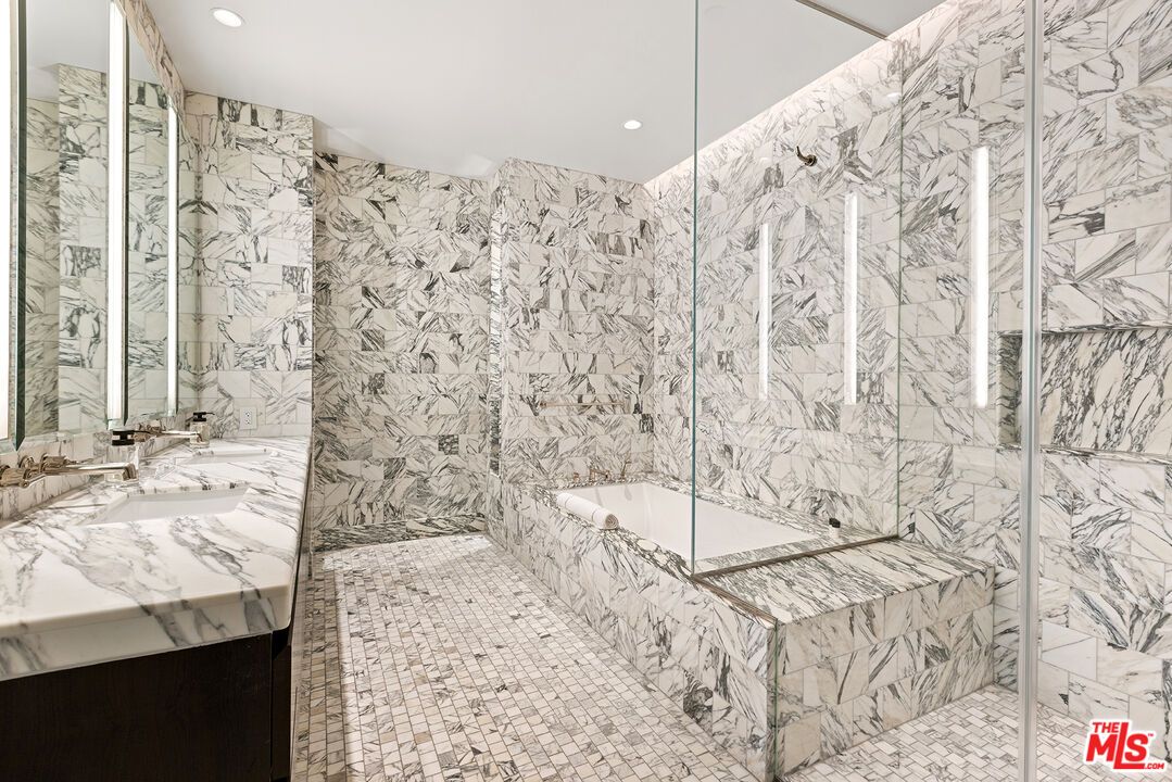 Bathroom, Glass Shower, Interior, Marble Walls, Recessed Lighting