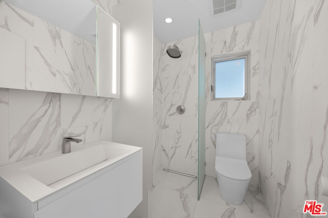 Bathroom, Glass Shower, Interior, Marble, Marble Walls, Recessed Lighting