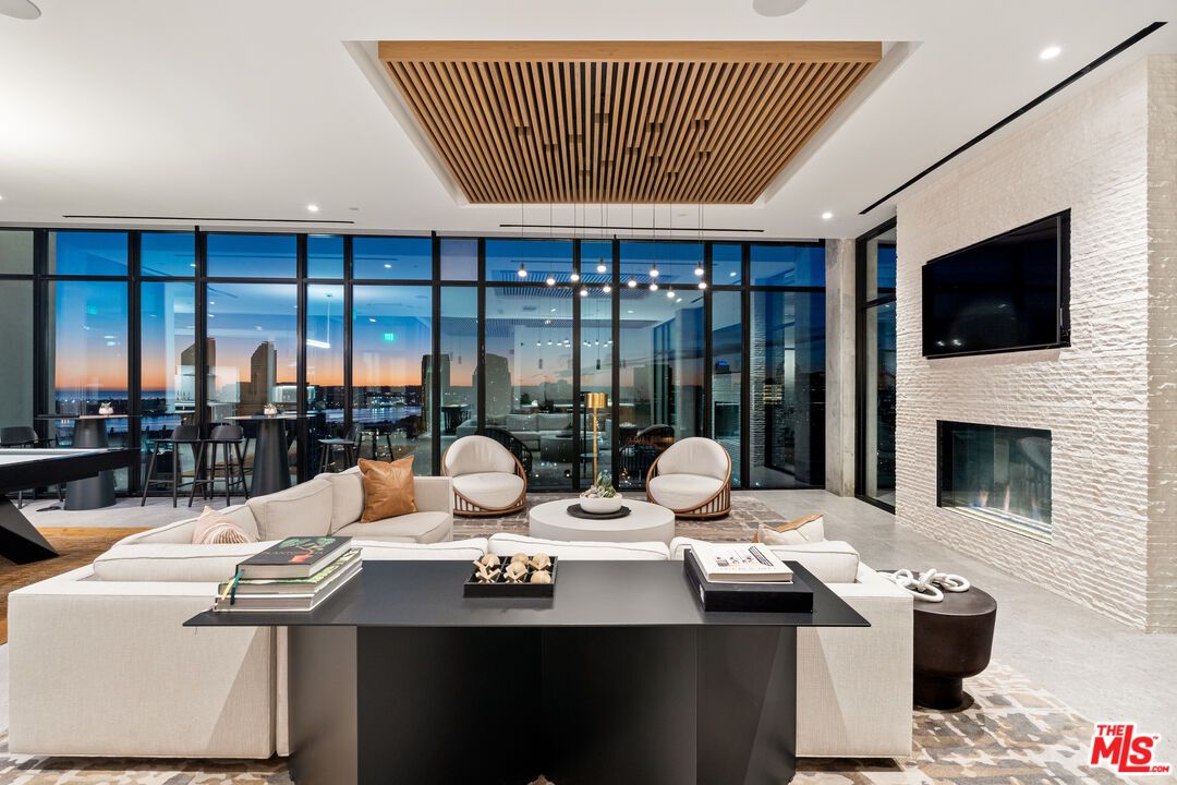 Fireplace, Interior, Living room, Recessed Lighting, Stone Walls, Water