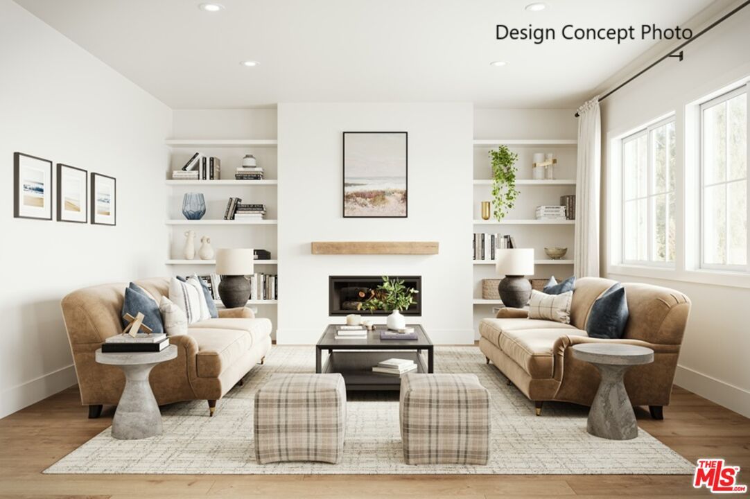 Fireplace, Interior, Living room, Recessed Lighting, Wood Texture Flooring