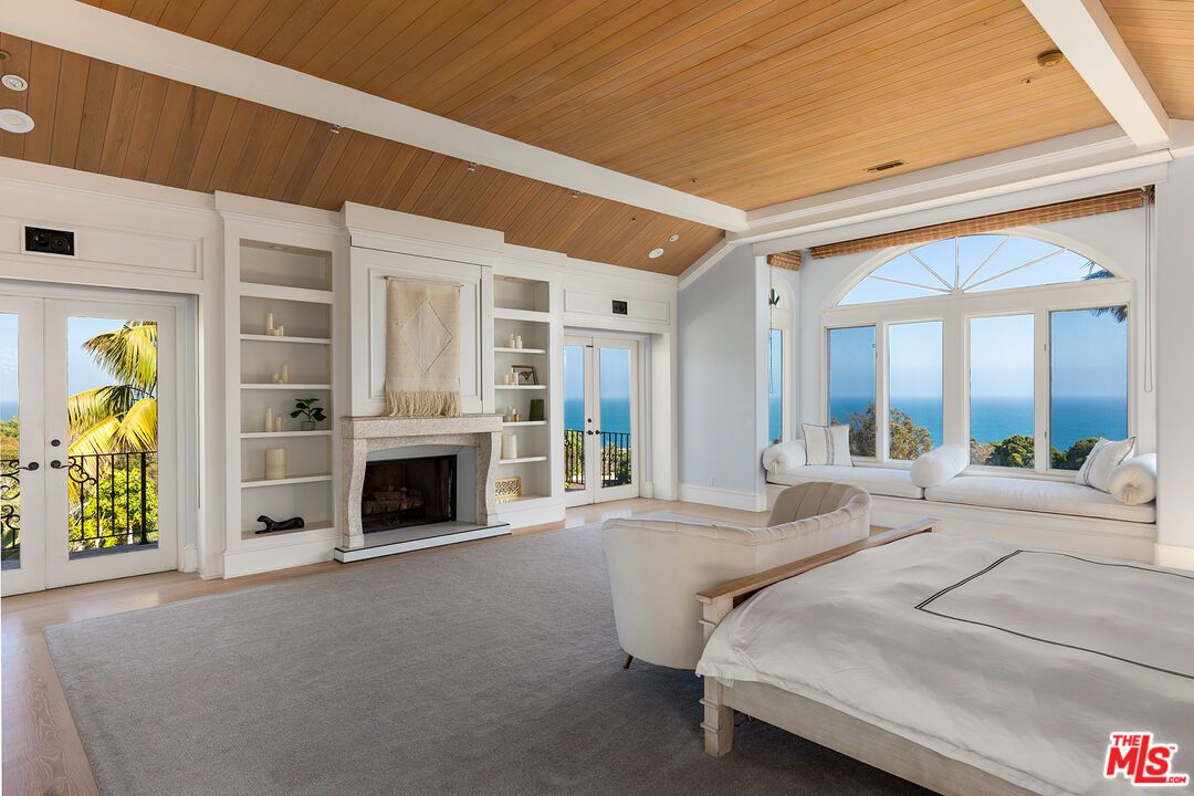 Bedroom, Fireplace, Interior, Recessed Lighting, Water, Wooden Ceilings, Wood Texture Flooring