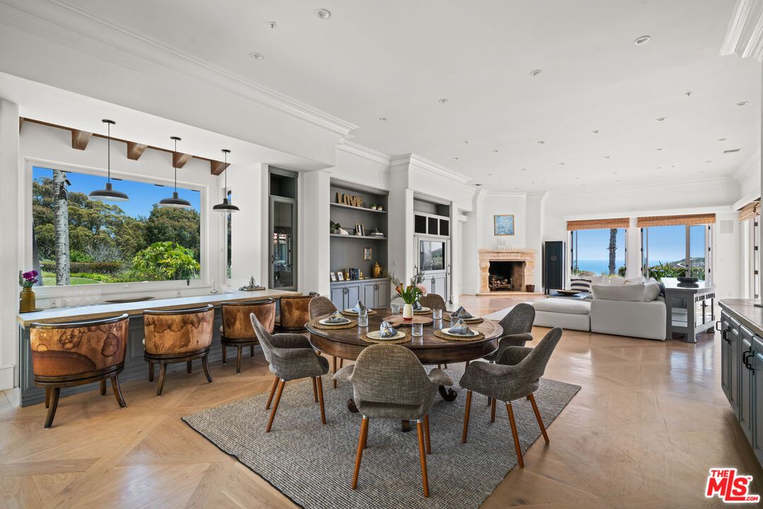Dining room, Fireplace, Interior, Living room, Pendant Lights, Recessed Lighting, Wood Texture Flooring