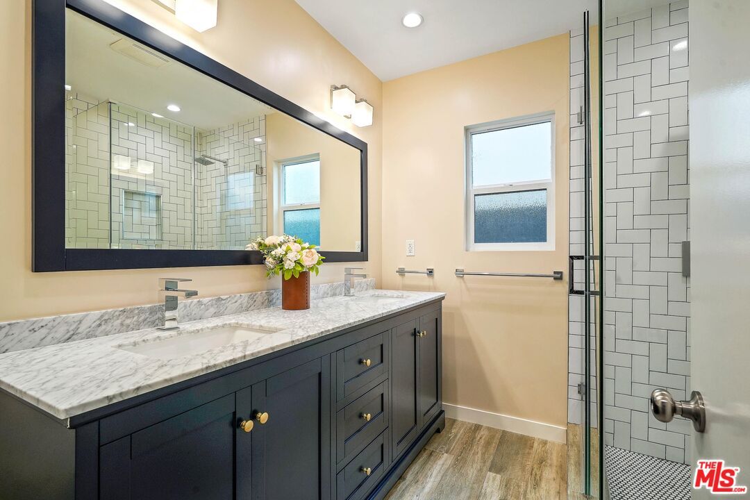 Bathroom, Dual Sink Vanities, Interior, Recessed Lighting, Wood Texture Flooring