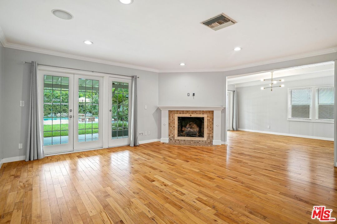 Empty room, Fireplace, Interior, Recessed Lighting, Wood Texture Flooring