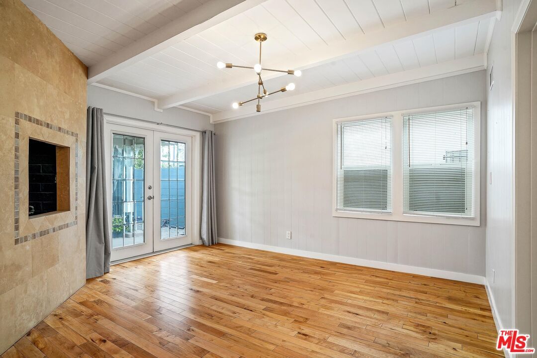 Empty room, Fireplace, Interior, Pendant Lights, Wood Texture Flooring
