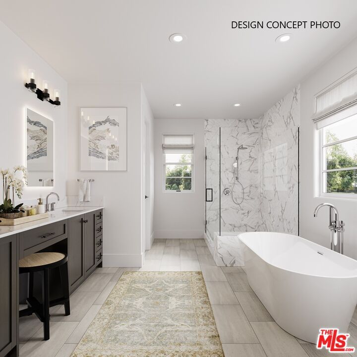 Bathroom, Dual Sink Vanities, Free Standing Baths, Glass Shower, Interior, Marble Walls, Recessed Lighting