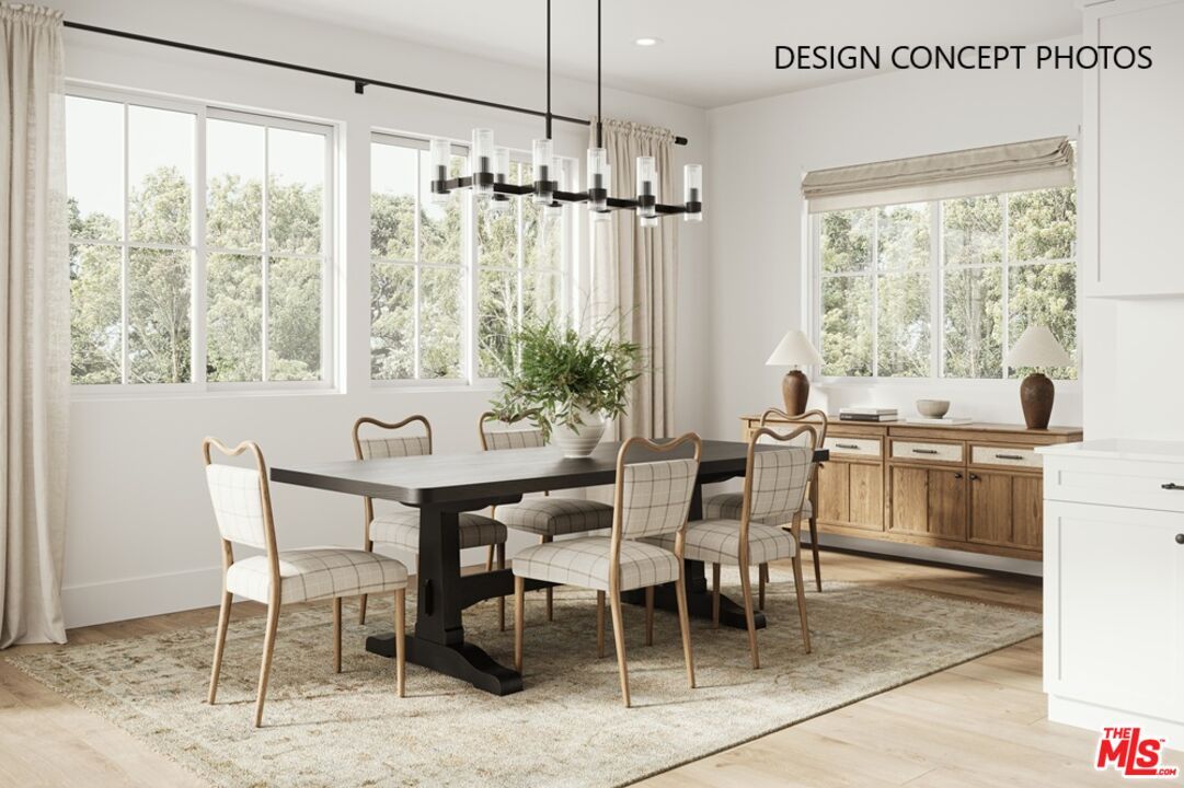 Dining room, Interior, Pendant Lights, Recessed Lighting, Wood Texture Flooring
