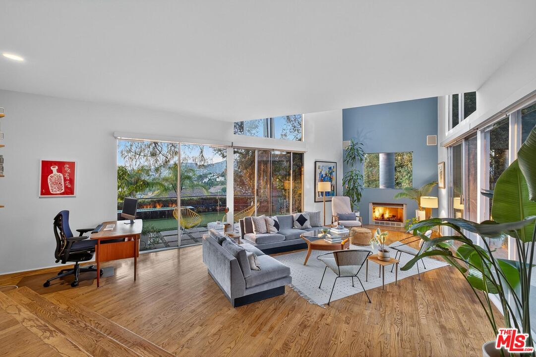 Fireplace, Home Office, Interior, Living room, Recessed Lighting, Wood Texture Flooring