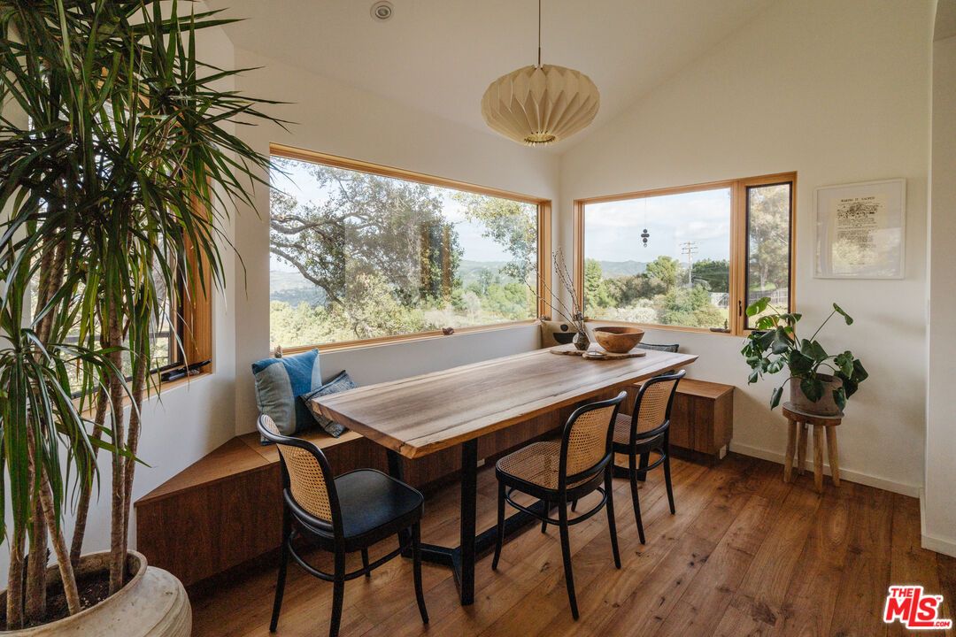 Dining room, Interior, Pendant Lights, Wood Texture Flooring