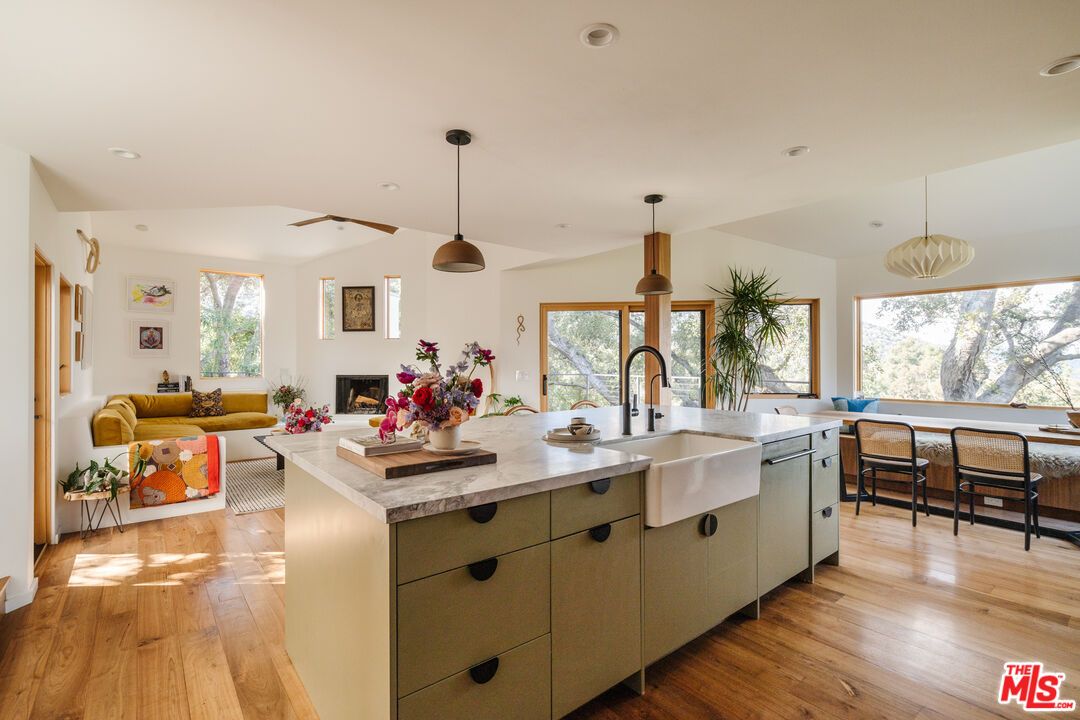 Fireplace, Interior, Kitchen, Living room, Pendant Lights, Recessed Lighting, Wood Texture Flooring