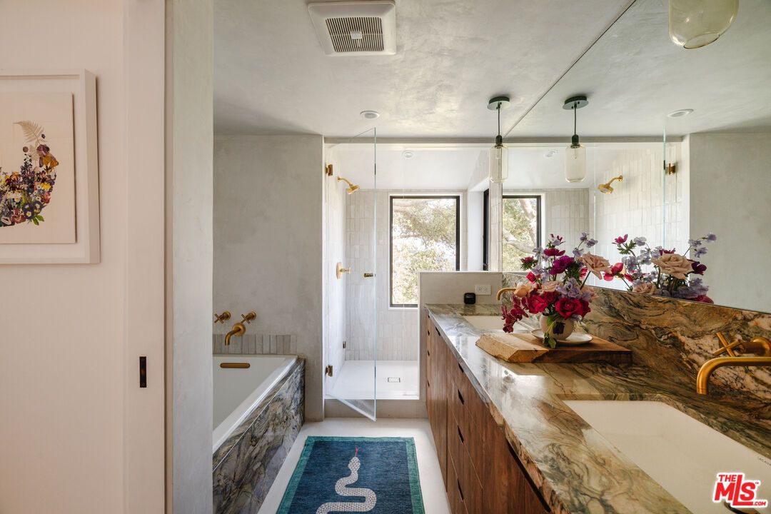 Bathroom, Dual Sink Vanities, Glass Shower, Interior, Pendant Lights, Recessed Lighting
