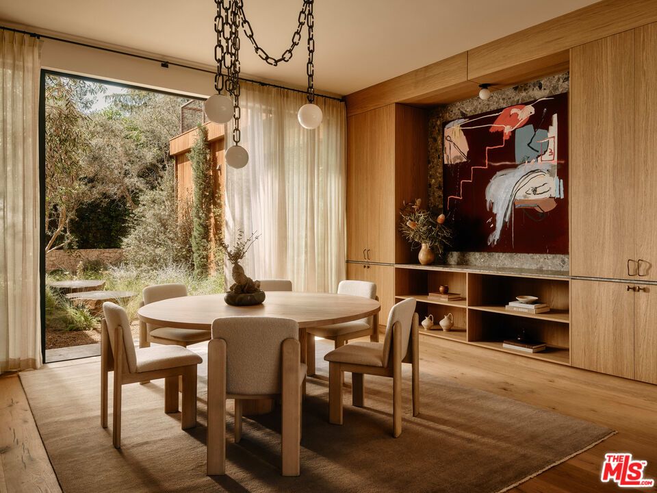Dining room, Interior, Pendant Lights, Wood Texture Flooring