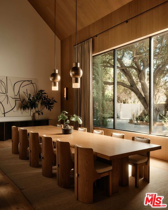 Dining room, Interior, Pendant Lights, Wood Texture Flooring