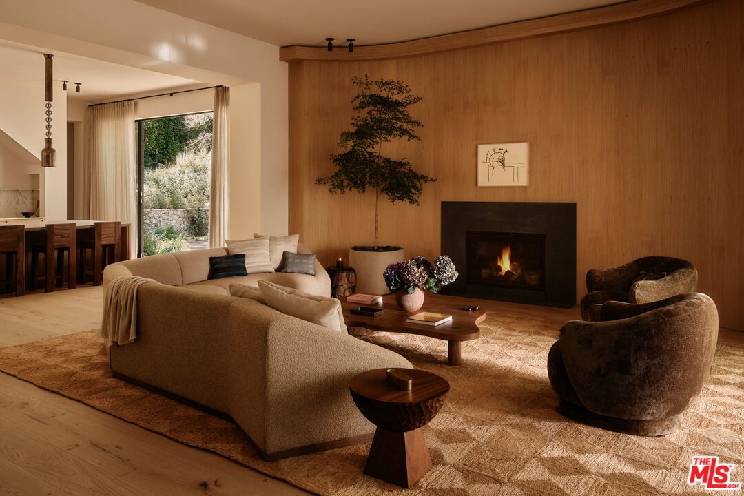 Fireplace, Interior, Living room, Pendant Lights, Wood Texture Flooring, Wooden Walls