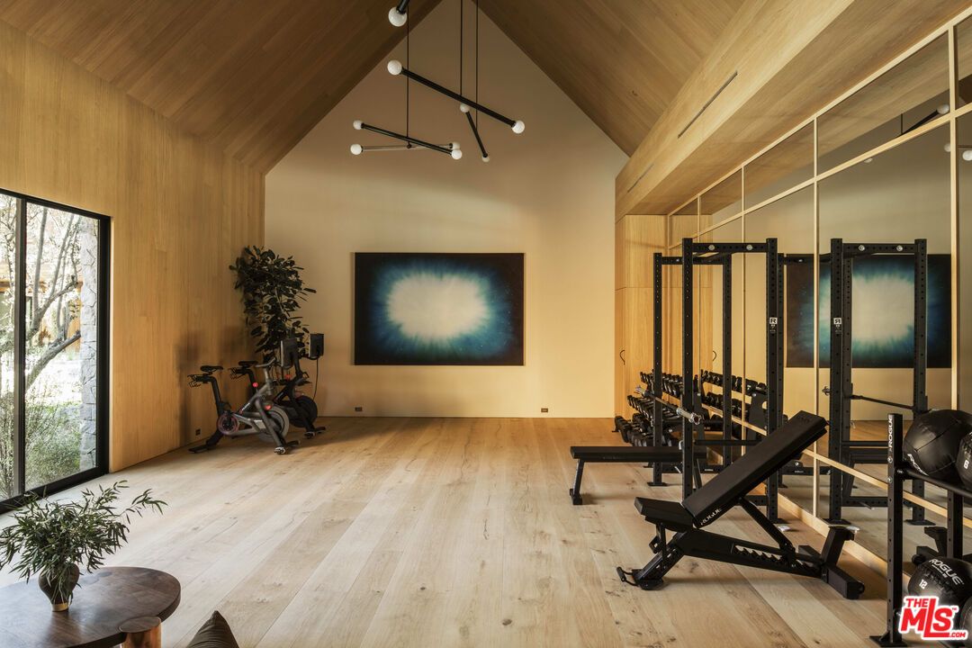 Fitness Equipment, Interior, Pendant Lights, Wooden Ceilings, Wood Texture Flooring