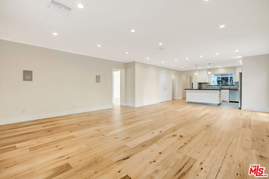 Empty room, Interior, Kitchen, Pendant Lights, Recessed Lighting, Wood Texture Flooring