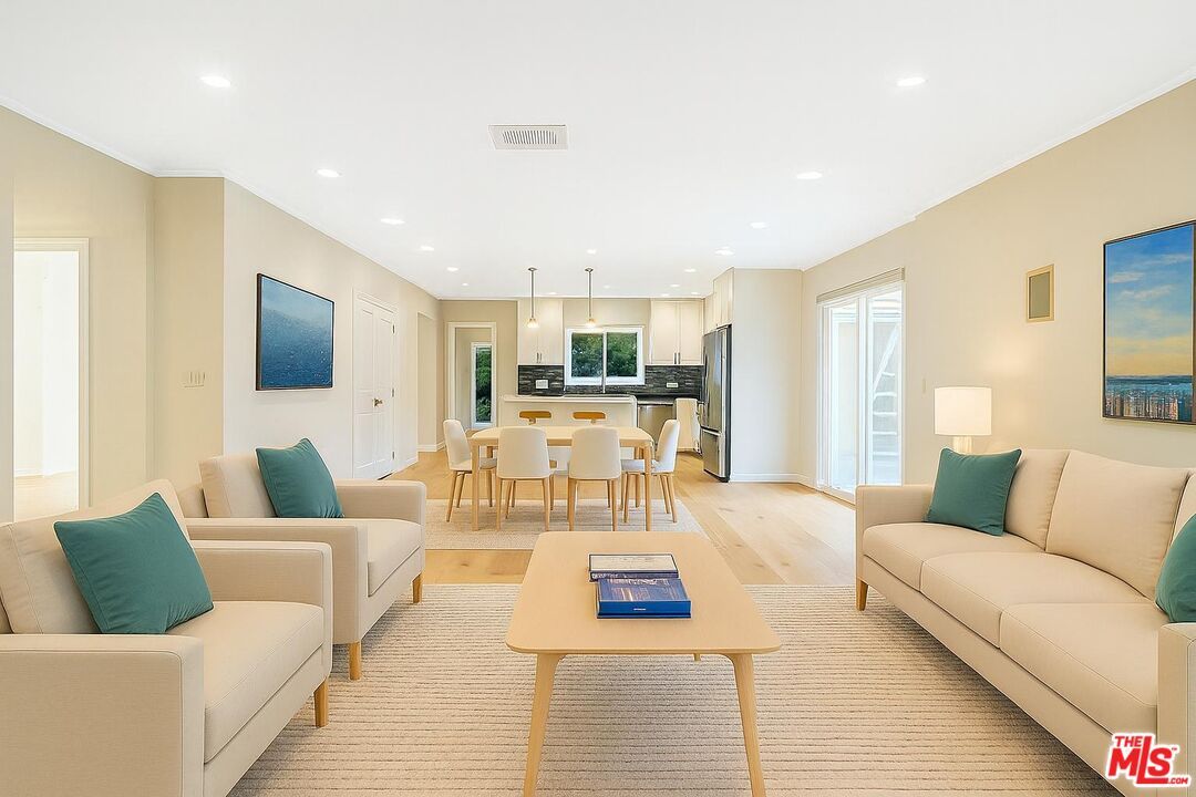 Dining room, Interior, Kitchen, Living room, Pendant Lights, Recessed Lighting, Stainless Steel Appliances, Wood Texture Flooring