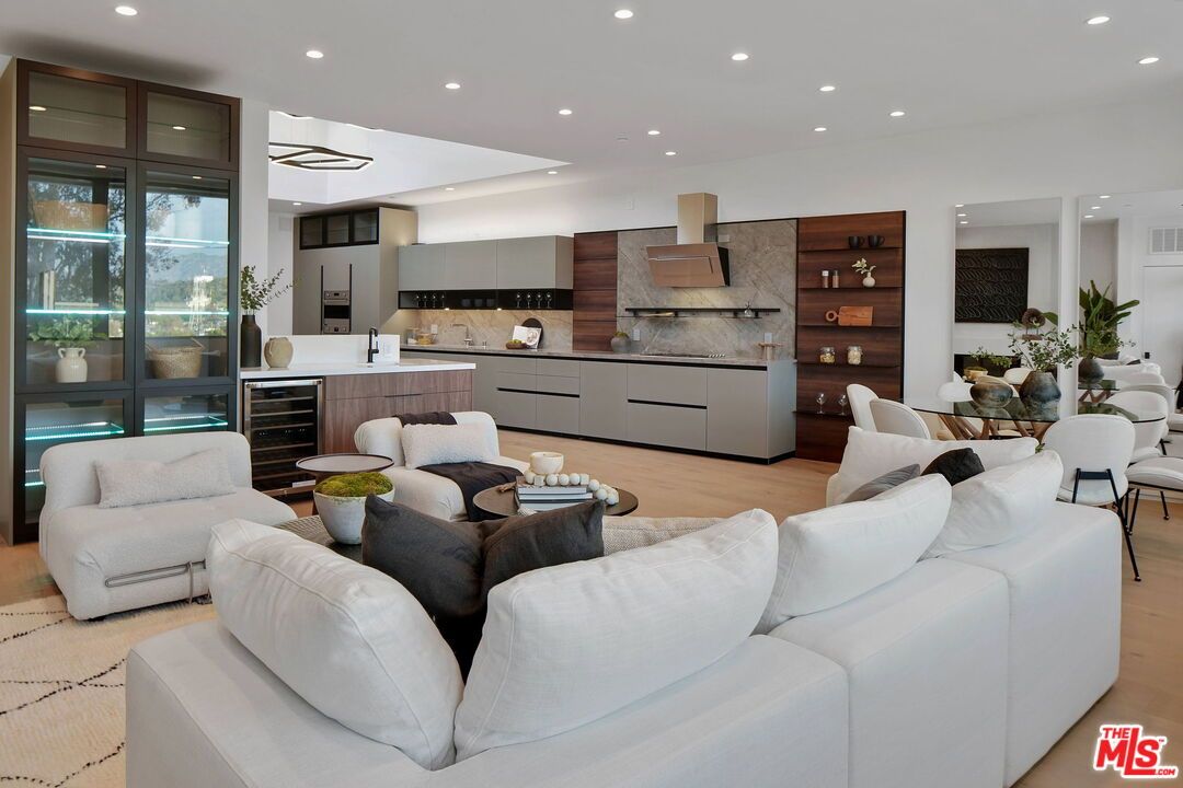 Dining room, Interior, Kitchen, Living room, Recessed Lighting, Stainless Steel Appliances, Wood Texture Flooring