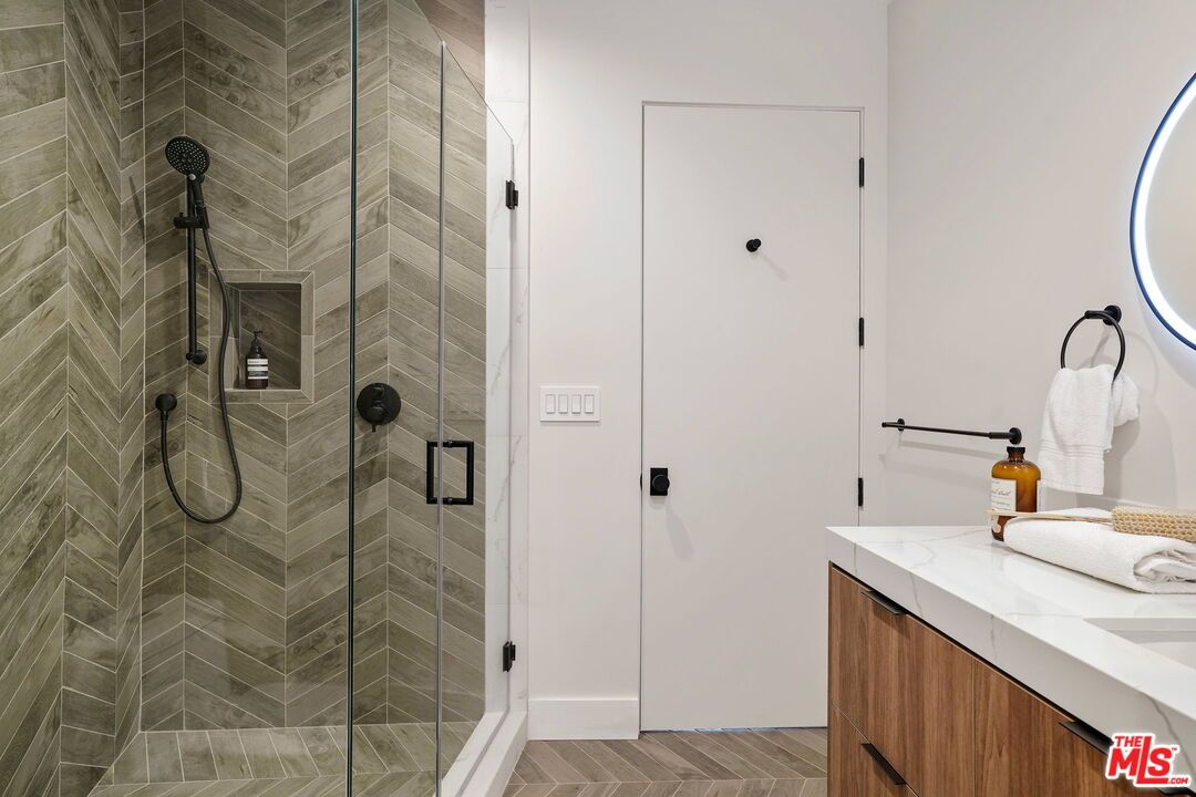 Bathroom, Glass Shower, Interior, Wood Texture Flooring