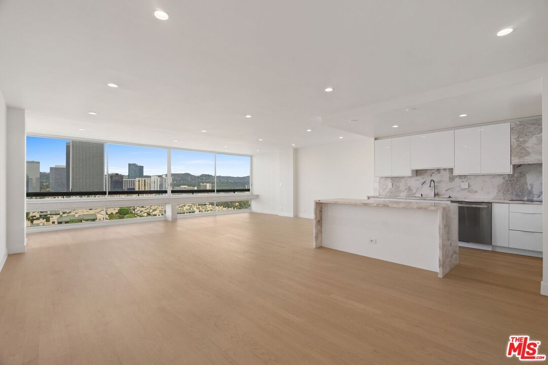 Interior, Kitchen, Marble Walls, Recessed Lighting, Wood Texture Flooring