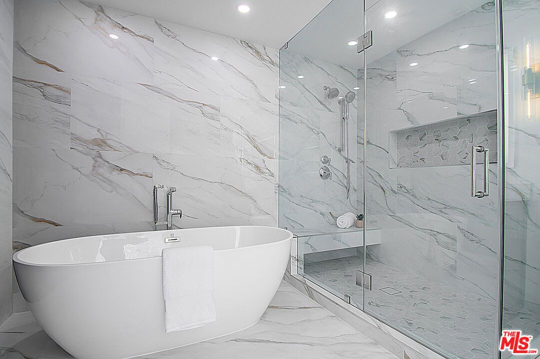 Bathroom, Free Standing Baths, Glass Shower, Interior, Marble, Marble Walls, Recessed Lighting