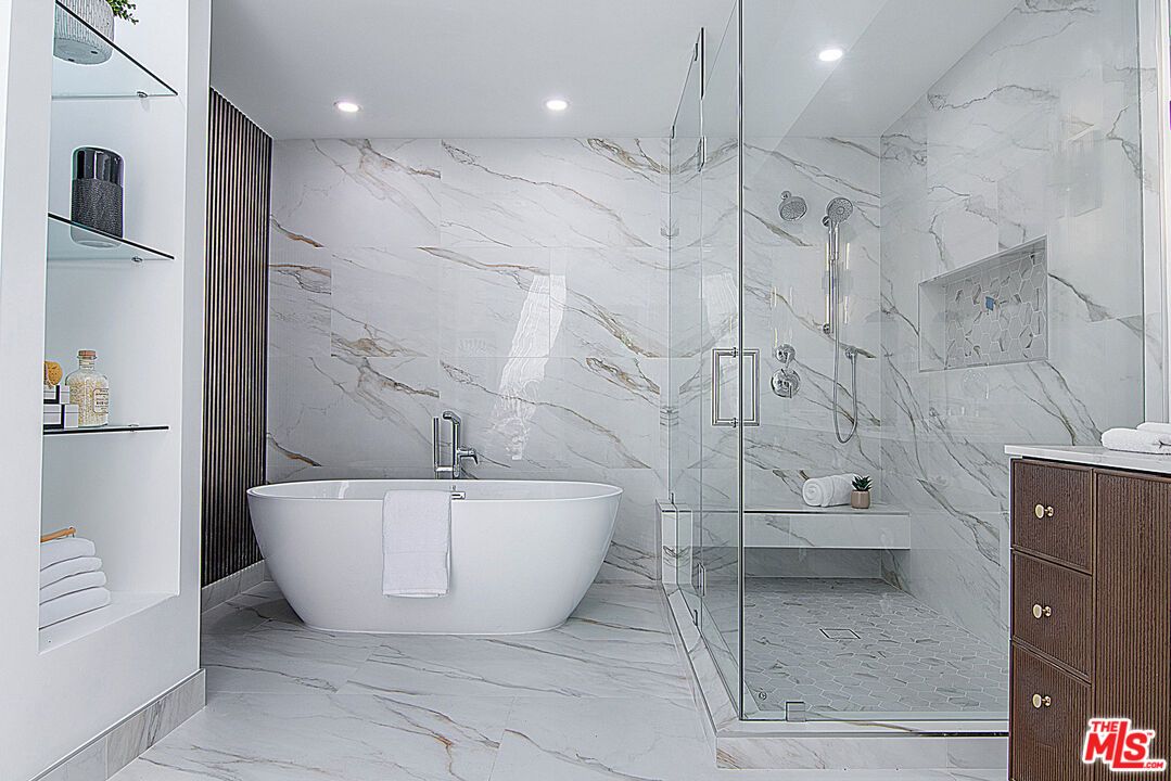 Bathroom, Free Standing Baths, Glass Shower, Interior, Marble, Marble Walls, Recessed Lighting