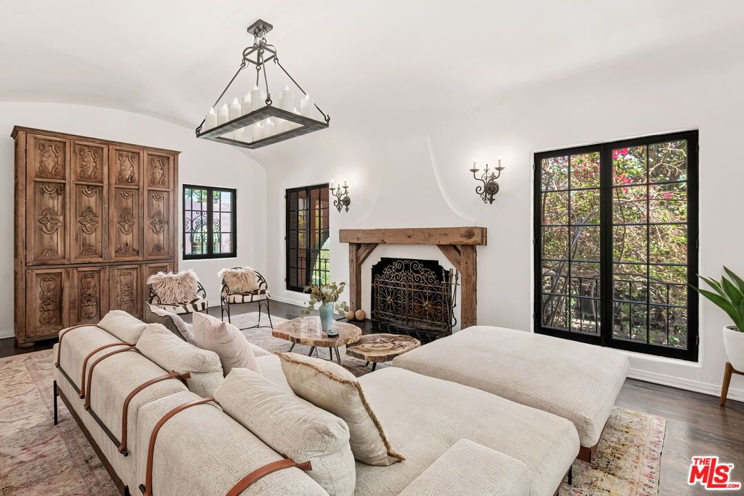 Fireplace, Interior, Living room, Pendant Lights, Wood Texture Flooring