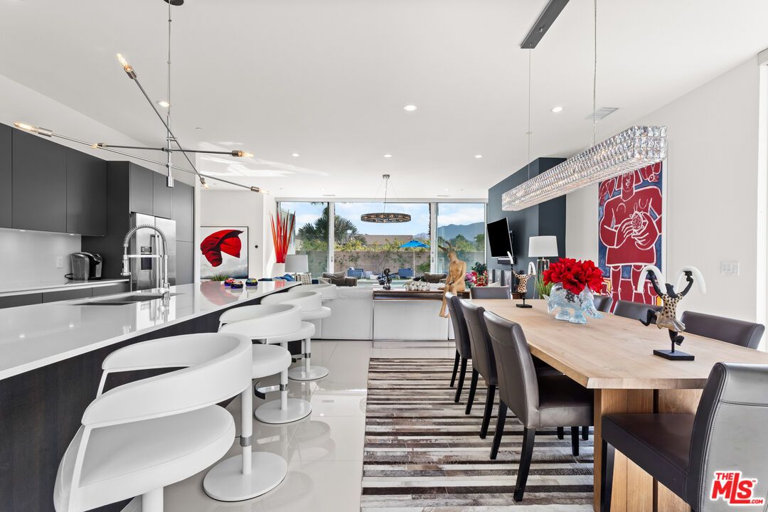 Chandelier, Dining room, Interior, Kitchen, Living room, Pendant Lights, Recessed Lighting, Stainless Steel Appliances