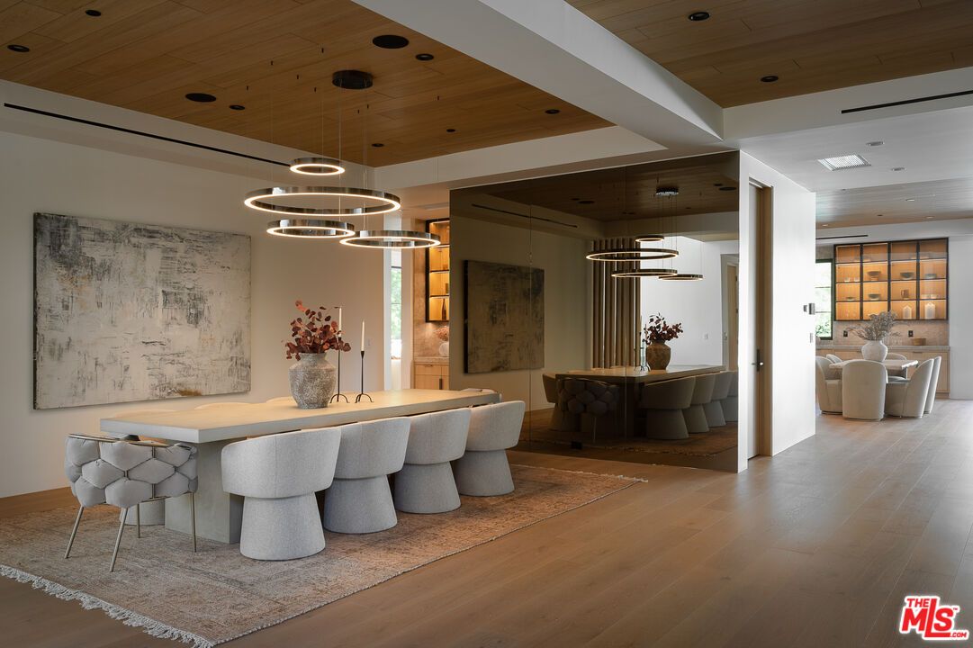 Dining room, Interior, Pendant Lights, Recessed Lighting, Wooden Ceilings, Wood Texture Flooring