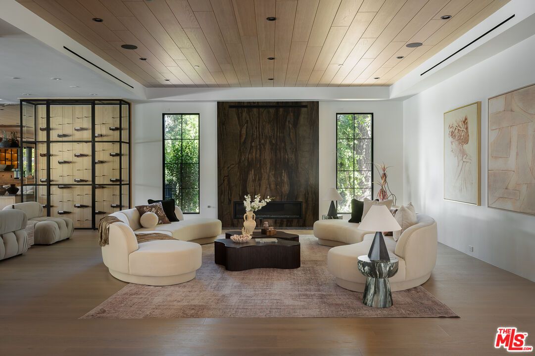 Fireplace, Interior, Living room, Recessed Lighting, Wine Storage, Wooden Ceilings, Wood Texture Flooring