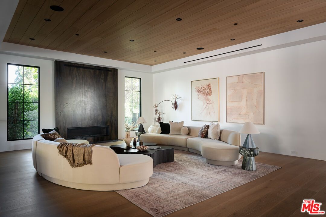 Fireplace, Interior, Living room, Recessed Lighting, Wooden Ceilings, Wood Texture Flooring