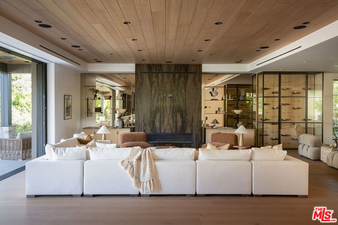 Fireplace, Interior, Living room, Recessed Lighting, Wine Storage, Wooden Ceilings, Wood Texture Flooring