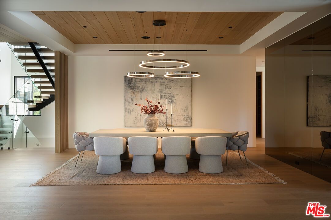 Dining room, Interior, Pendant Lights, Recessed Lighting, Wooden Ceilings, Wood Texture Flooring