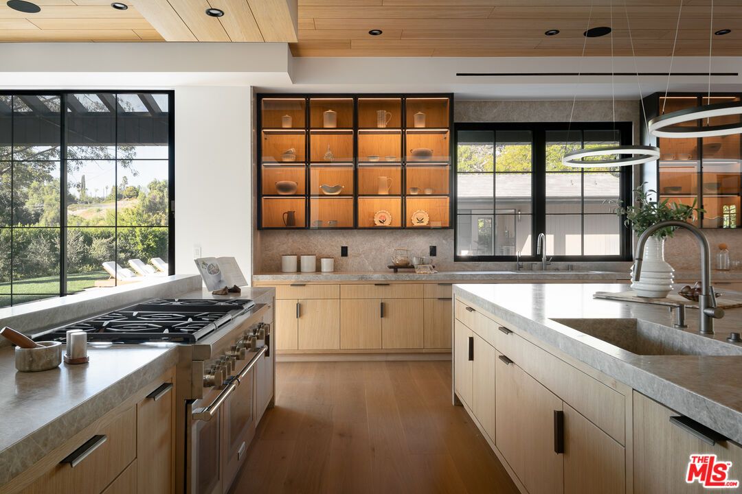 Interior, Kitchen, Pendant Lights, Recessed Lighting, Stainless Steel Appliances, Wooden Ceilings, Wood Texture Flooring