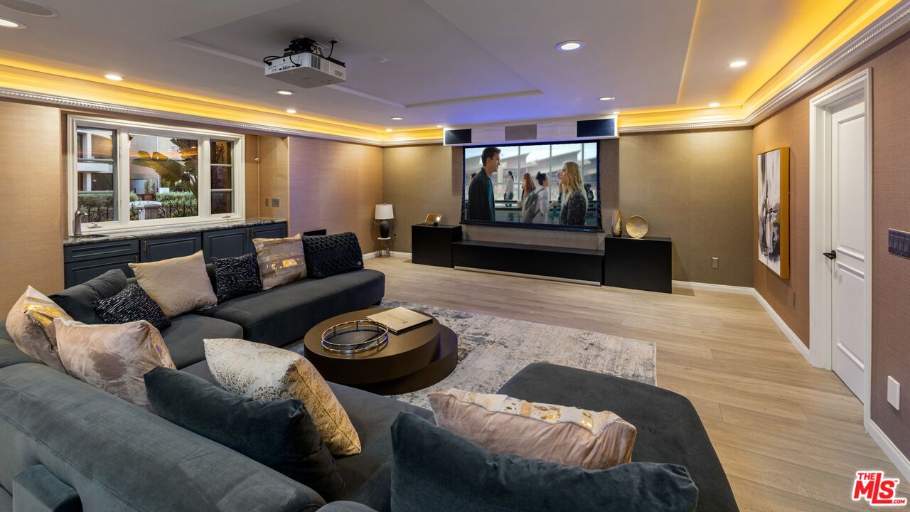 Interior, Projection Screen, Recessed Lighting, Theatre Room, Wood Texture Flooring