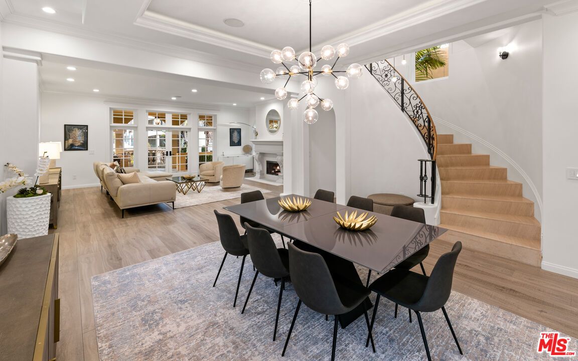 Dining room, Fireplace, Interior, Living room, Pendant Lights, Recessed Lighting, Wood Texture Flooring
