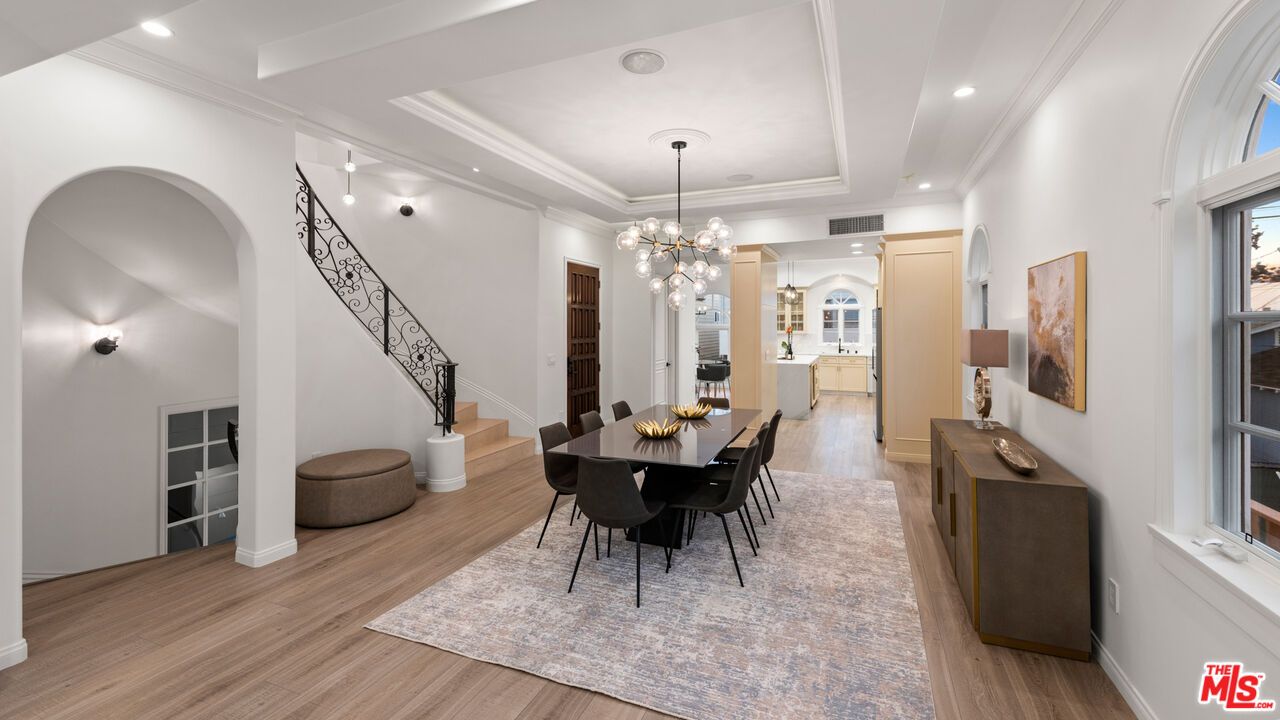 Dining room, Interior, Pendant Lights, Recessed Lighting, Wood Texture Flooring