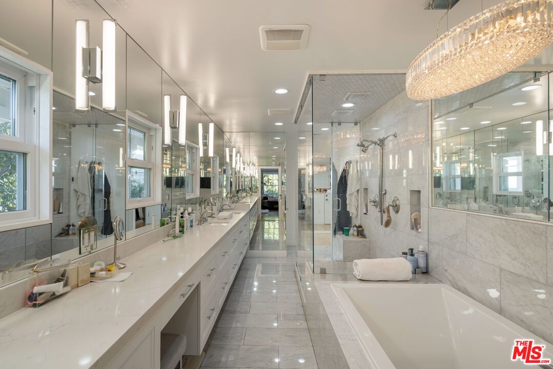 Bathroom, Chandelier, Dual Sink Vanities, Glass Shower, Interior, Marble Walls, Recessed Lighting