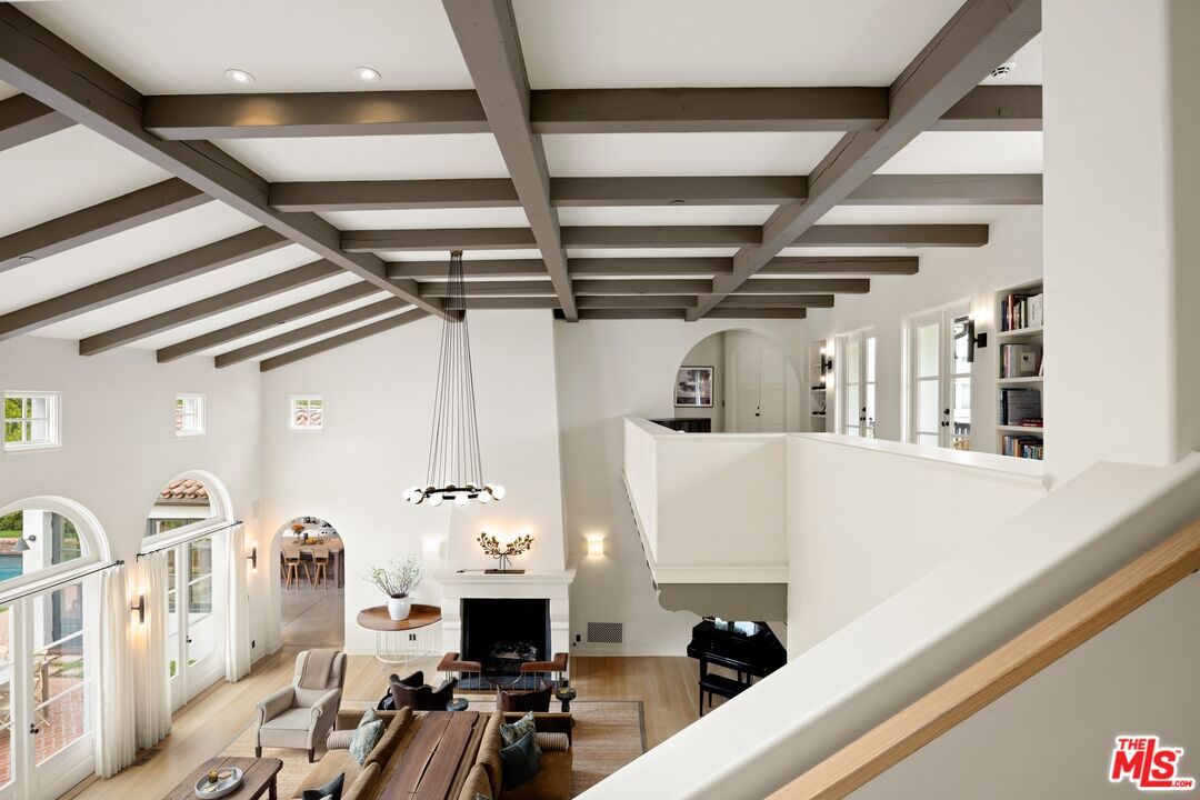 Fireplace, Interior, Living room, Pendant Lights, Recessed Lighting, Wooden Beams, Wood Texture Flooring