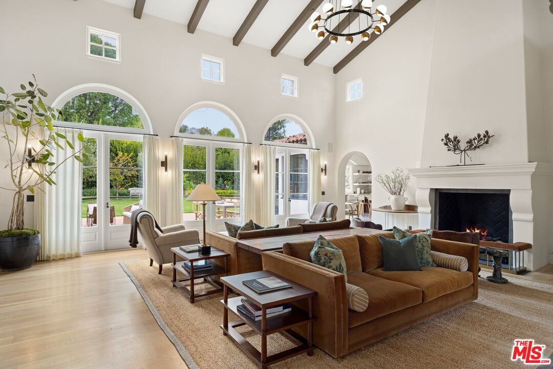 Chandelier, Fireplace, Interior, Living room, Wooden Beams, Wood Texture Flooring