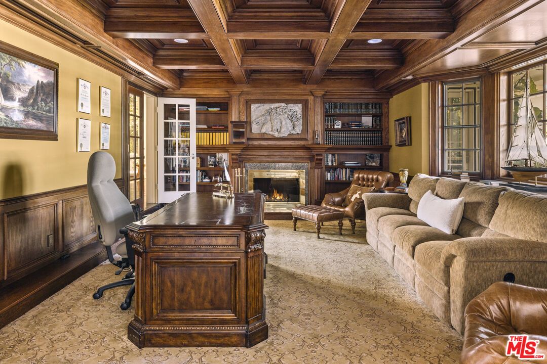 Fireplace, Home Office, Interior, Living room, Recessed Lighting, Wooden Beams, Wooden Ceilings, Wooden Walls