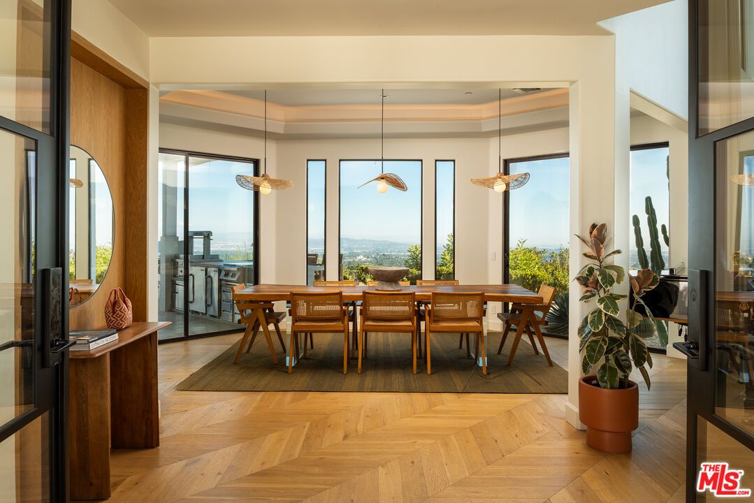 Dining room, Interior, Pendant Lights, Wood Texture Flooring