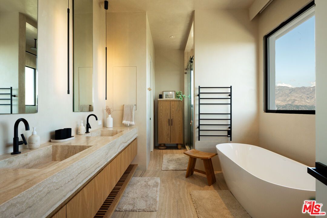 Bathroom, Dual Sink Vanities, Free Standing Baths, Interior, Recessed Lighting, Wood Texture Flooring