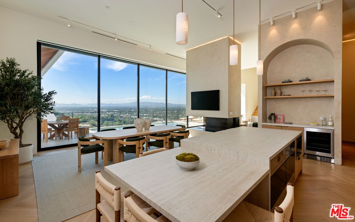 Dining room, Interior, Kitchen, Pendant Lights, Wood Texture Flooring