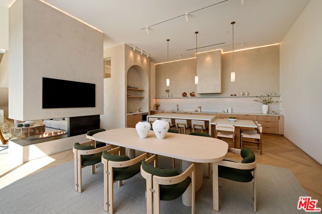 Dining room, Fireplace, Interior, Pendant Lights, Wood Texture Flooring